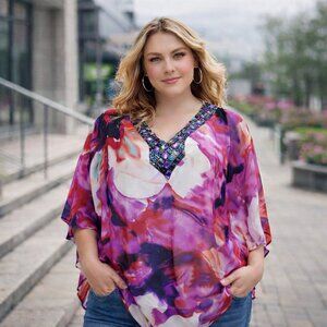 Maurices Pink Purple-Studded V-Neck Sheer/Lined Butterfly Sleeve 2x Blouse